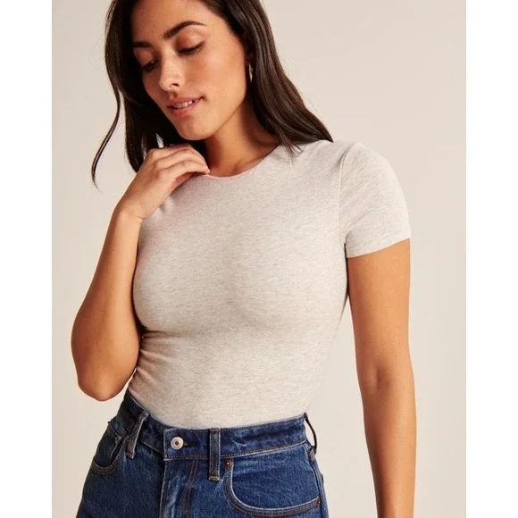 Abercrombie & Fitch Heather Grey Short Sleeve Cotton Blend Crew Neck Bodysuit - Picture 2 of 8